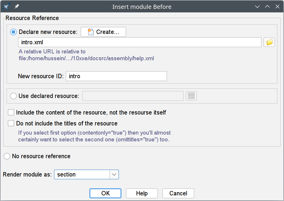 The dialog box allowing to insert a module element and to edit a module or a structure element