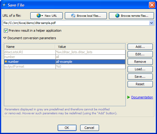 The "Document conversion parameters" panel once expanded