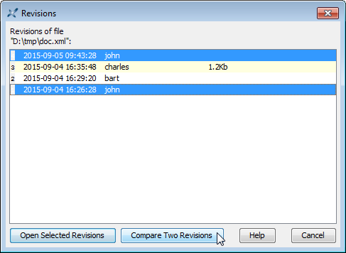 The "Open Revision" dialog box, here allowing to compare the document being edited (revision #4; latest one) to the initial revision (revision #1)