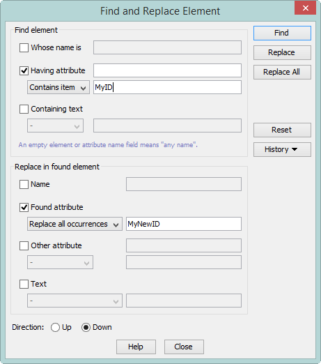 The "Find and Replace Element" dialog box