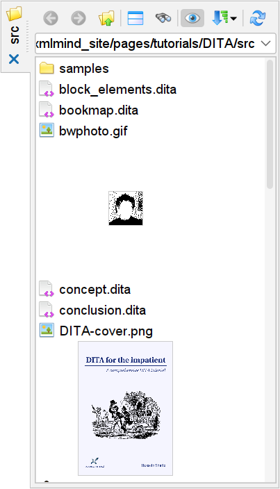 The "Browse Files" tool showing the source files of our DITA tutorial