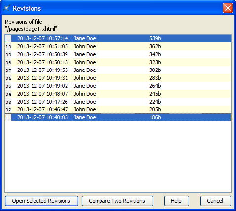 The "List Revisions" dialog box