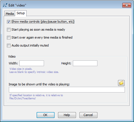 The Setup tab of the media player dialog box