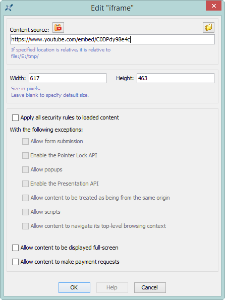 the iframe editor dialog box