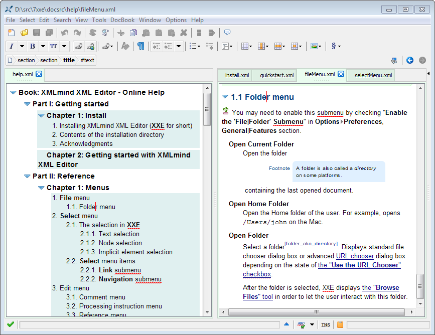 Modular DocBook book styled using the "Table of contents" stylesheet (master document) and its chapters (module documents) side by side